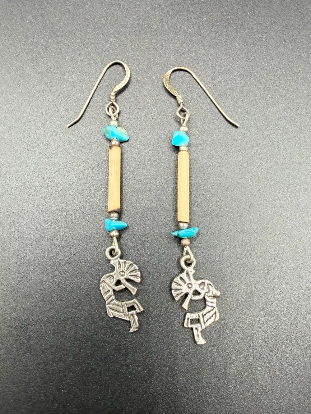 Native Navajo Style Turquoise Bone Hook Drop Dangle Earrings Silver Kokopelli